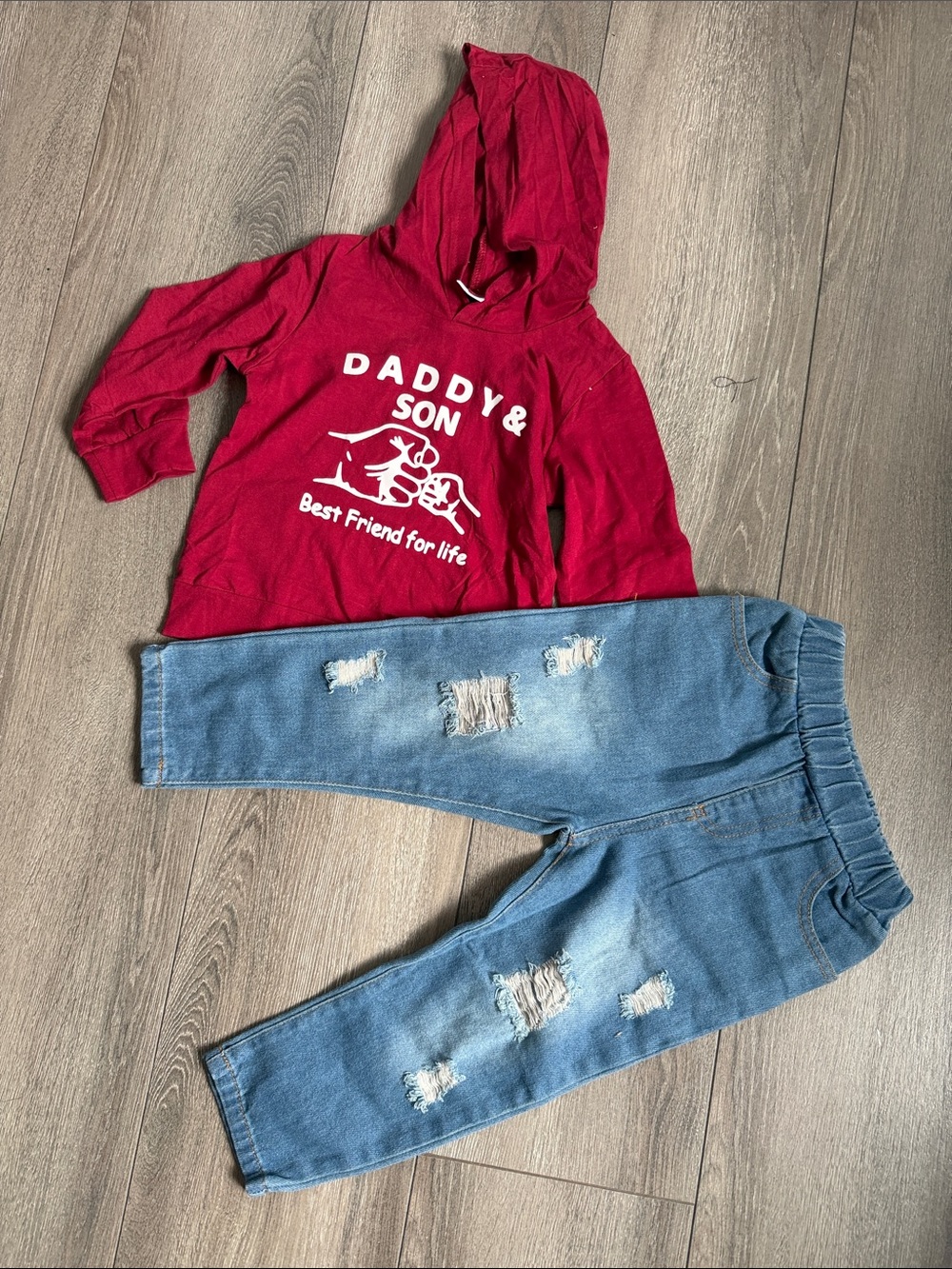 Kids Red Hoodie & Distressed Blue Denim Jogger Set - Matching Outfit